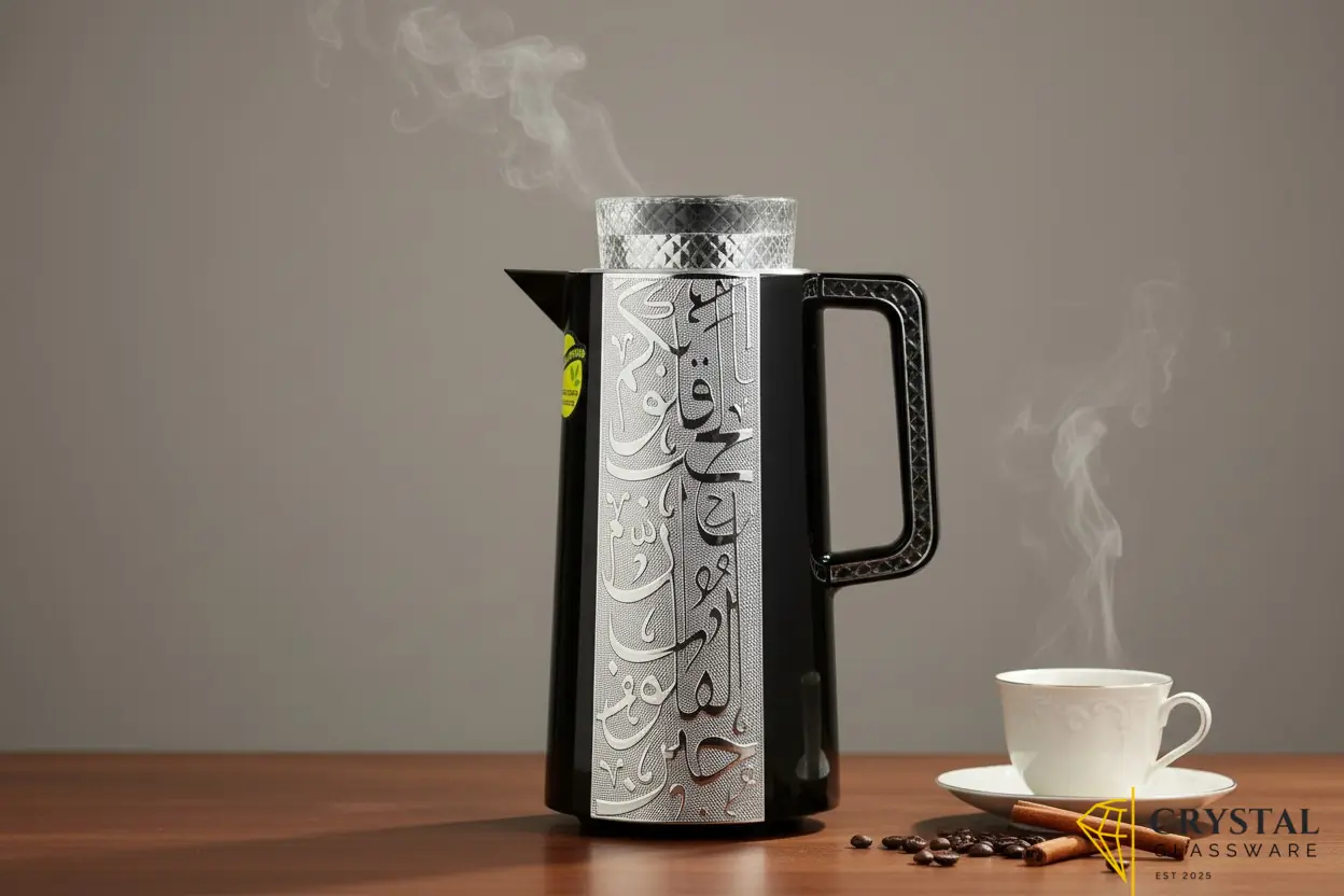 Luxury thermal flask in black with gold /silver intricate Arabic calligraphy